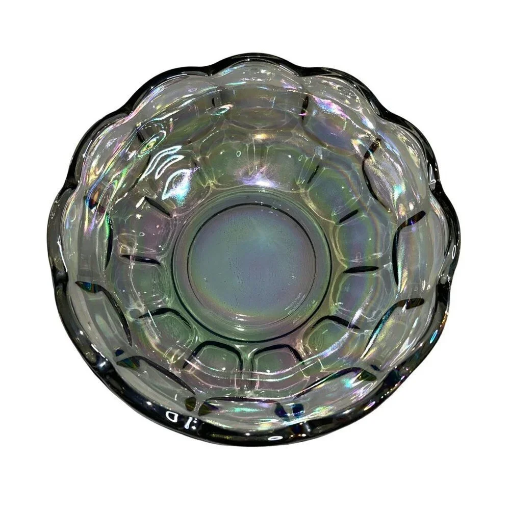 Vintage Carnival Glass Thumb Print Bowl Iridescent Gray Round Decorative